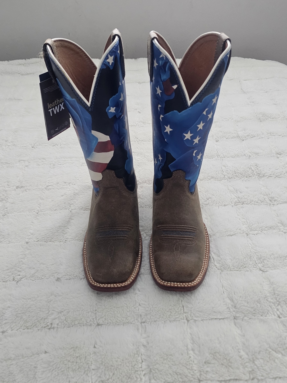 Womens Brown Suede Western Boots with Blue American Flag Shaft
